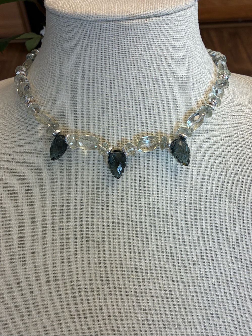 Light Green Amethyst Necklace with Stone Leaf Drops & Sterling Silver